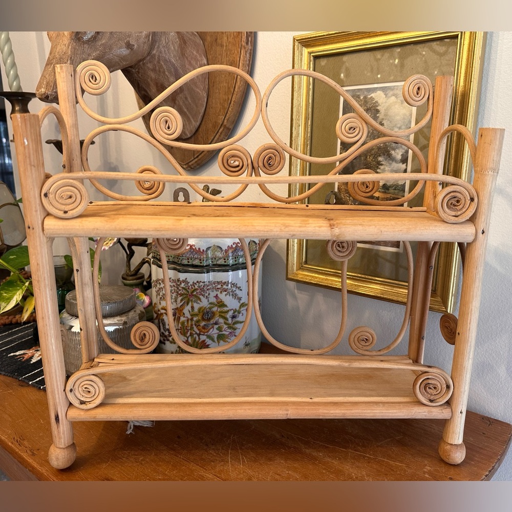 Vintage Natural Rattan Two-Tier Bathroom Shelf Boho Coastal Decor